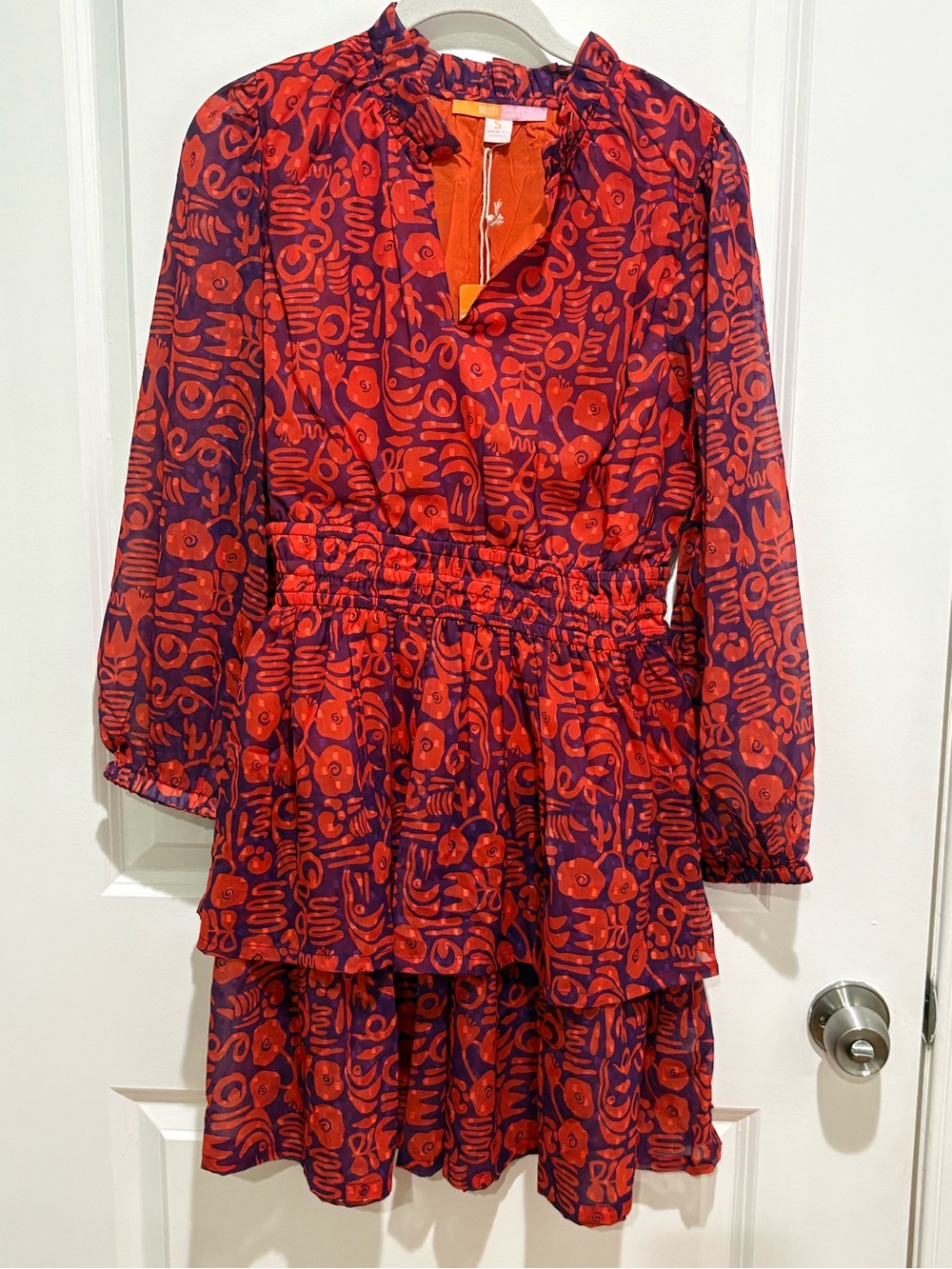 Tiered Red and Purple Long-Sleeve V-Neck Dress